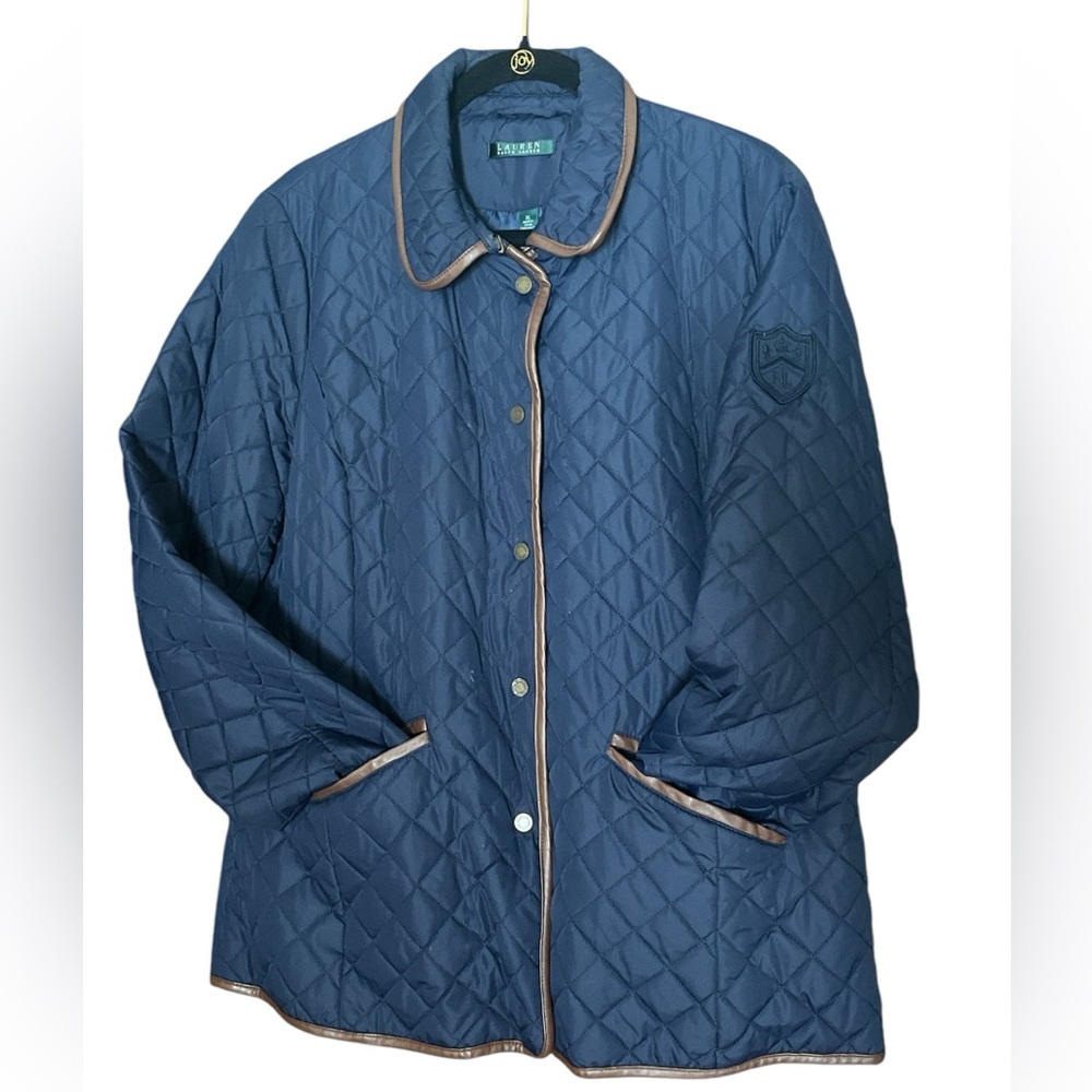 Lauren Ralph Lauren Quilted Navy Utility Jacket with Brown Trim